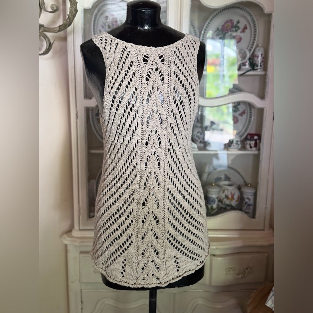 KENAR Beige with Gold Thread Crochet Sweater Size Medium